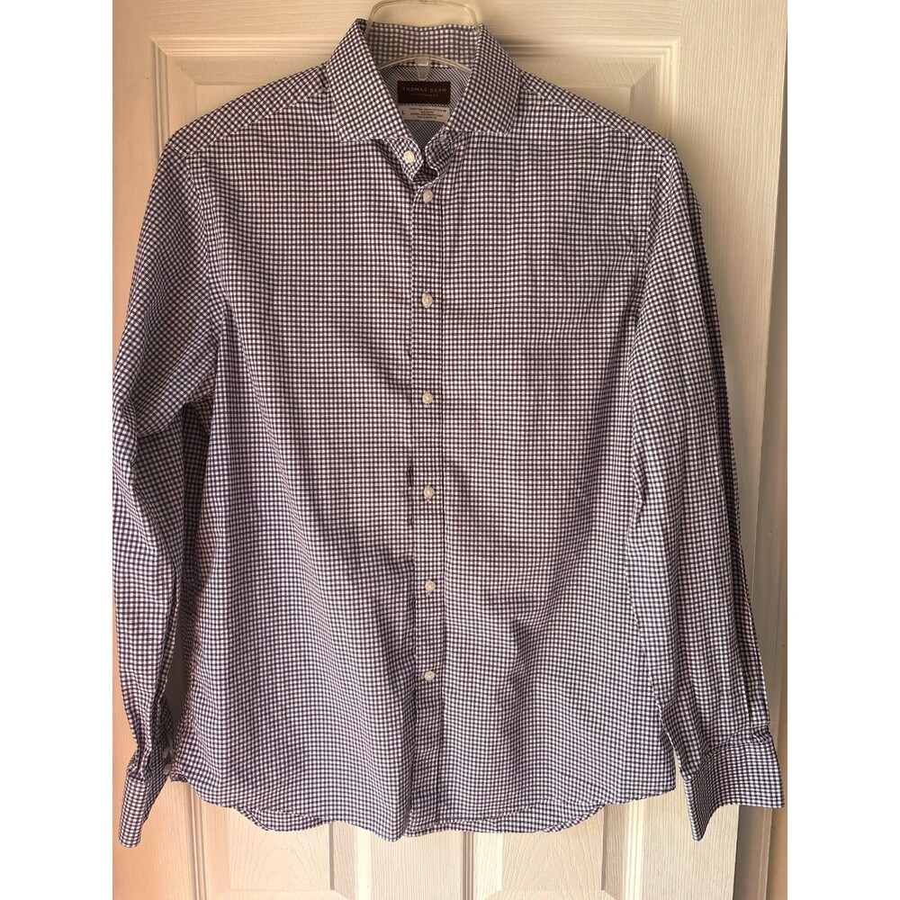 Thomas Dean Performance Mens Large Purple Gingham Check Stretch Dress Shirt L
